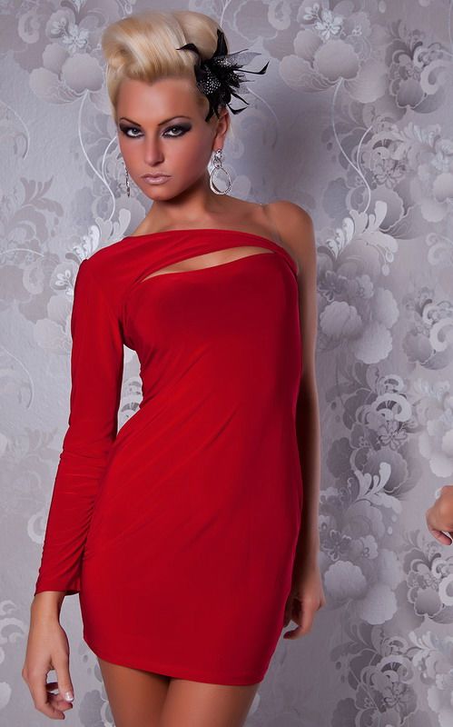 Red One Shoulder Sexy Decollete Club Dress